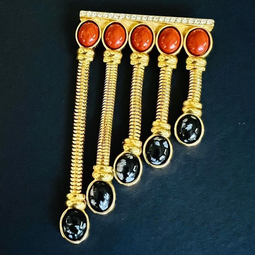Vintage Huge Dangle Brooch Black Rusty Red Cabochon Stones Gold Tone OOAK 4241